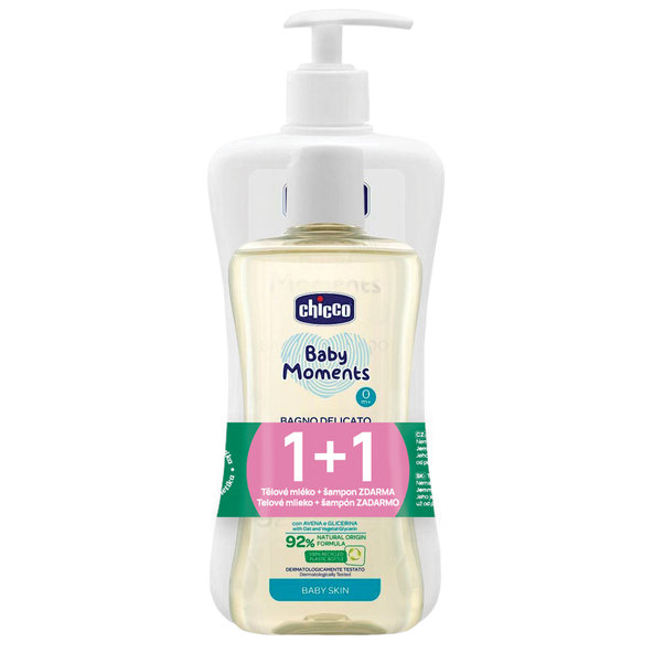 CHICCO Mlieko telové s dávkovačom Baby Moments 500 ml + Šampón Baby Moments 200 ml zdarma