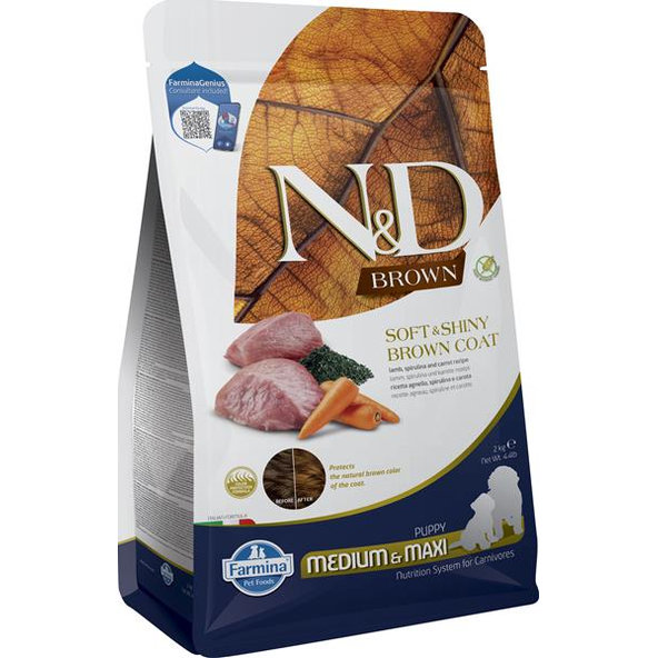 Farmina N&D dog BROWN (GF) puppy med/max, lamb, spirulina & carrot granule pre psy 2 kg