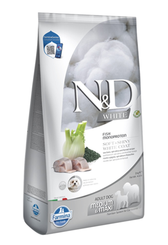 Farmina N&D dog WHITE (GF) adult med/max, sea bass, spirulina & fenel 2 kg