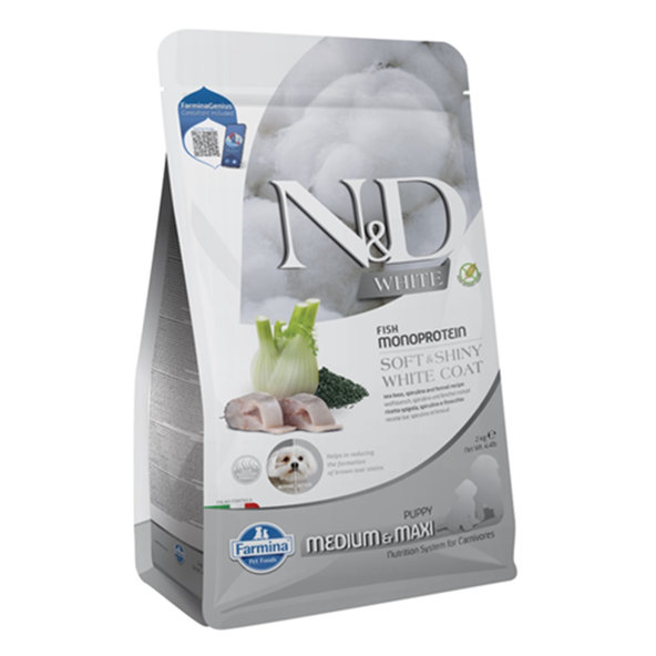Farmina N&D dog WHITE (GF) puppy med/max, sea bass, spirulina & fenel 2 kg