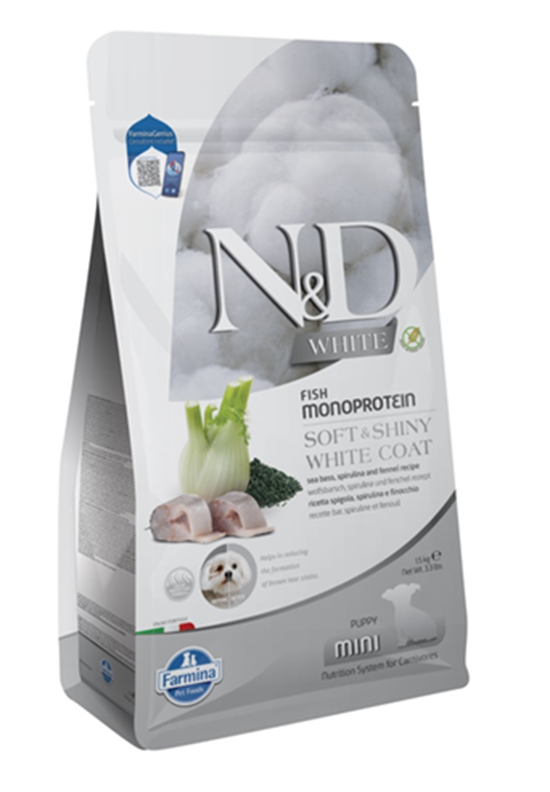 Farmina N&D dog WHITE (GF) puppy mini, sea bass, spirulina & fenel 1,5 kg