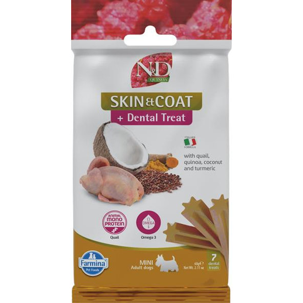 Farmina Quinoa Dog Skin Coat Quail Adult Mini maškrta pre psy 60g