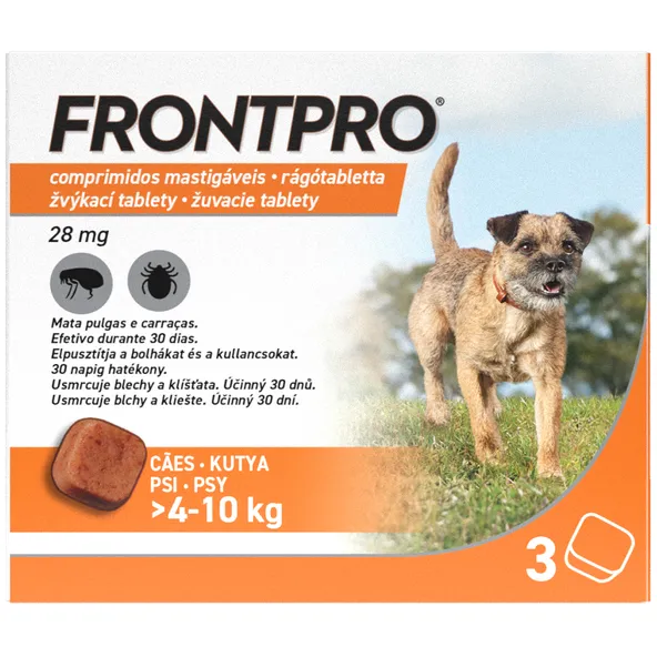 FRONTPRO M 28mg žuvacie tablety pre psy proti kliešťom a blchám >4–10kg, 3 tablety