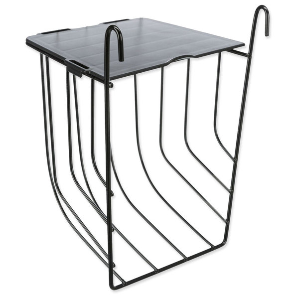 Závesné čierne kovové jasličky na seno s vekom 13×18×12cm