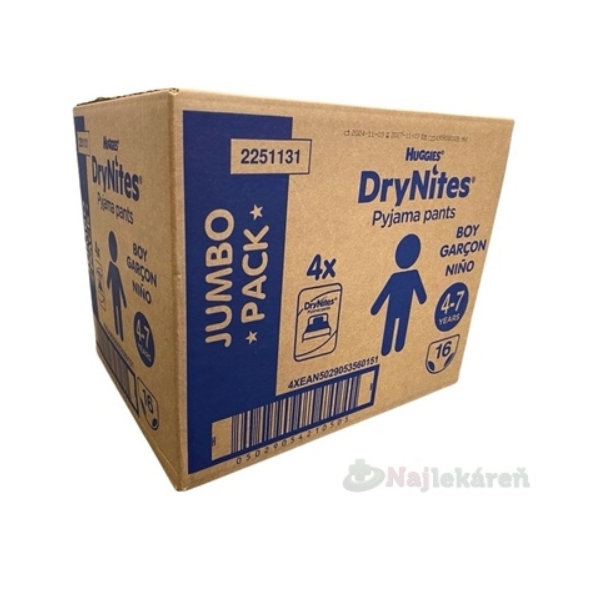 HUGGIES DryNites M plienkové nohavičky pre chlapcov 4-7 rokov JUMBO 17-30kg 4x16ks