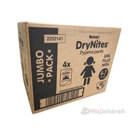 HUGGIES DryNites M plienkové nohavičky pre dievčatá 4-7 rokov JUMBO 17-30kg 4x16ks