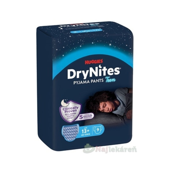 HUGGIES DryNites XL pre chlapcov 13+ rokov plienkové nohavičky 48-60kg 9ks