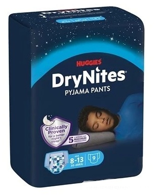 HUGGIES DRY NITES LARGE plienkové nohavičky PRE CHLAPCOV (8-13 rokov), 9ks