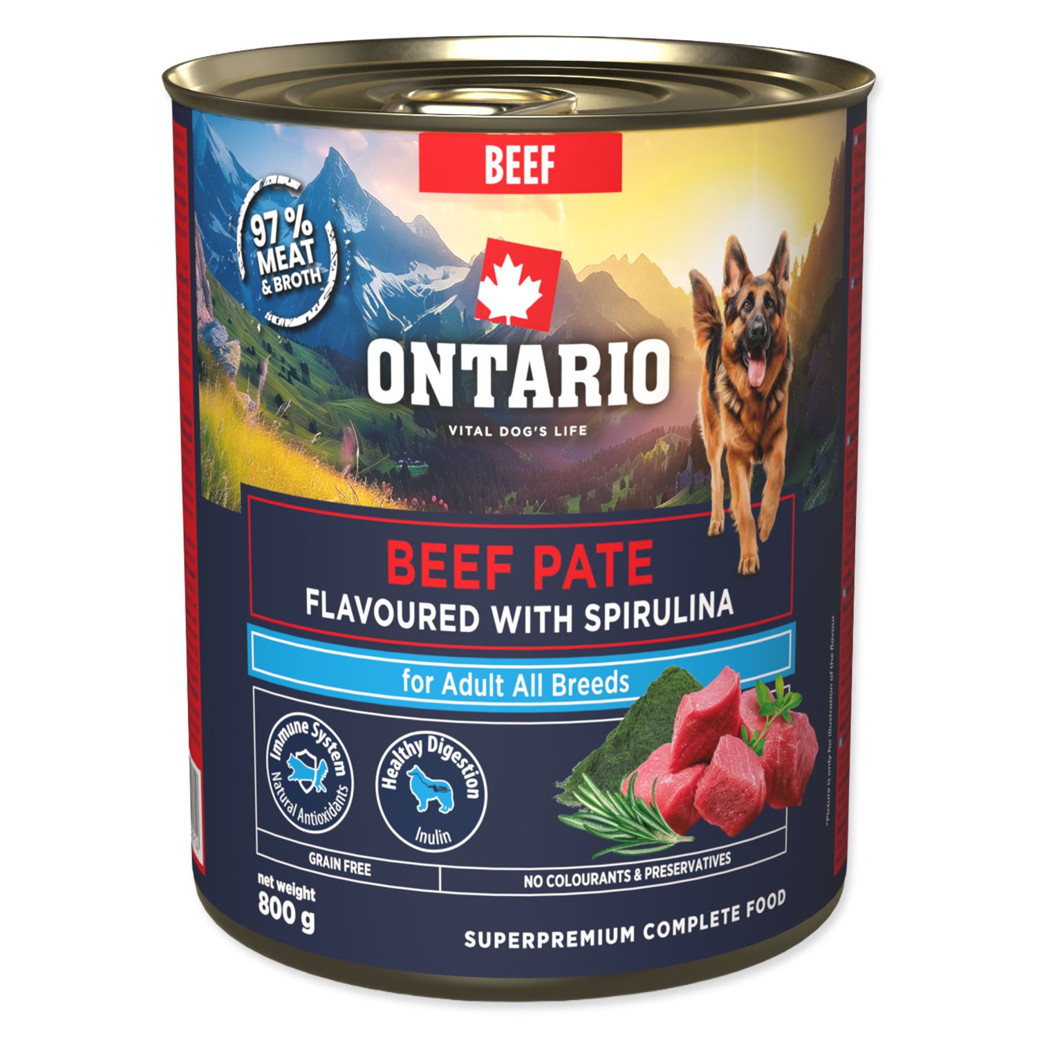 Konzerva Ontario Adult hovädzie paté s príchuťou spirulíny 800 g