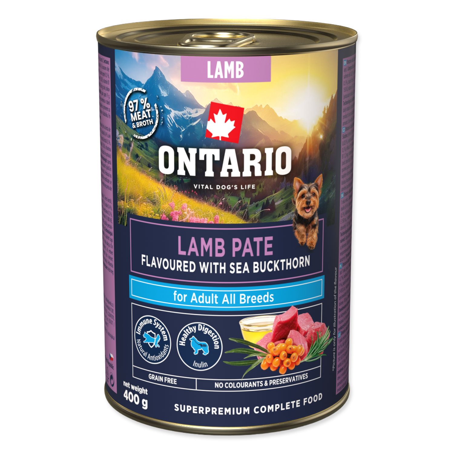 Konzerva Ontario Adult jahňacie paté s príchuťou rakytníka 400 g