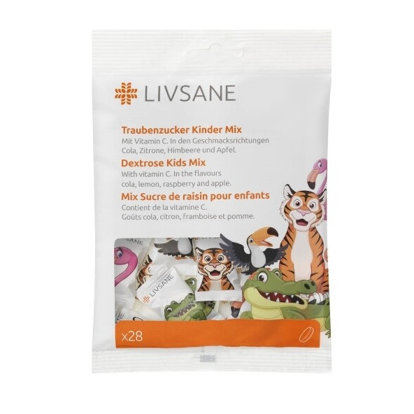 LIVSANE Dextróza pre deti Mix žuvacie tablety s vitamínom C 28tbl