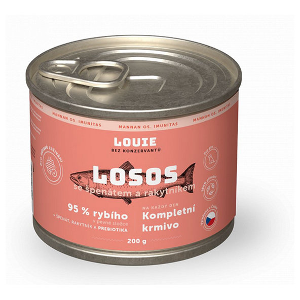LOUIE konzerva pre psov losos, rakytník a špenát s prebiotikami 200 g