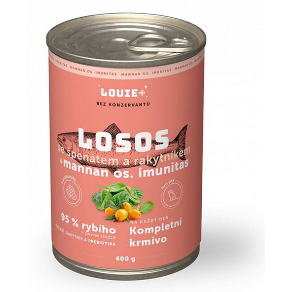 LOUIE konzerva pre psov losos, rakytník a špenát s prebiotikami 400 g