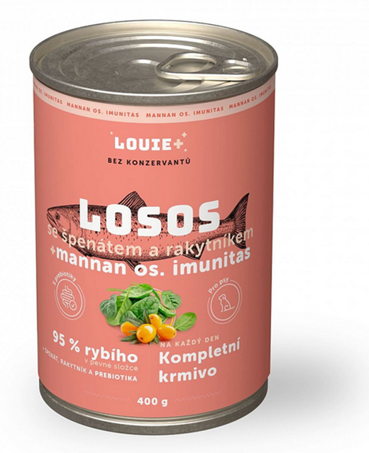 E-shop LOUIE konzerva pre psov losos, rakytník a špenát s prebiotikami 400 g