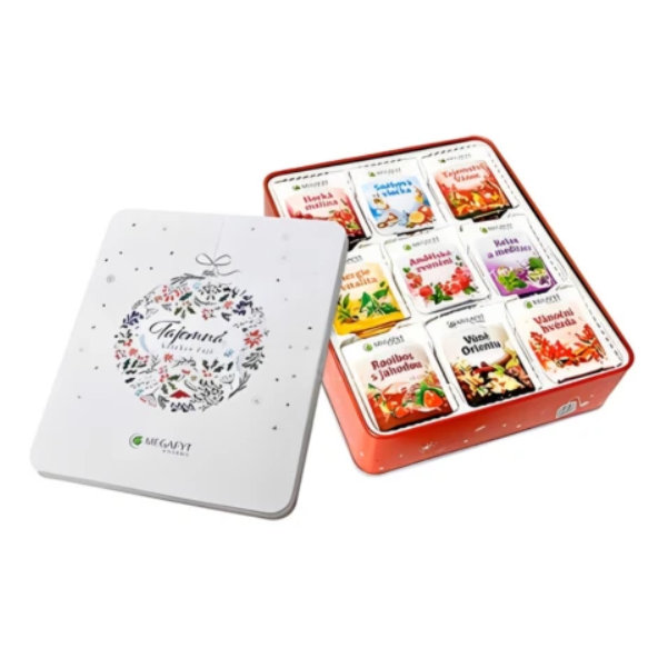 MEGAFYT TAJOMNÁ kolekcia čajov plechová krabica 9 druhov po 8 vrecúšok 72ks 134g