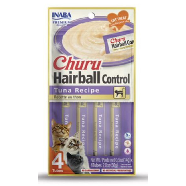 Maškrta pre mačky Inaba Churu Hairball cat Tuniak 4tuby 56g