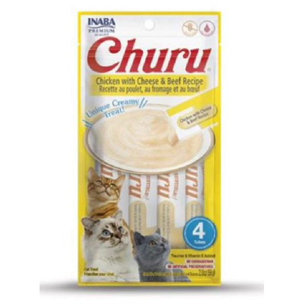Maškrta pre mačky Inaba Churu Pyré cat Kura so syrom a hovädzím mäsom 4tuby, 56g