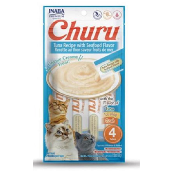 Maškrta pre mačky Inaba Churu Pyré cat Tuniak s morskými plodmi 4tuby, 56g