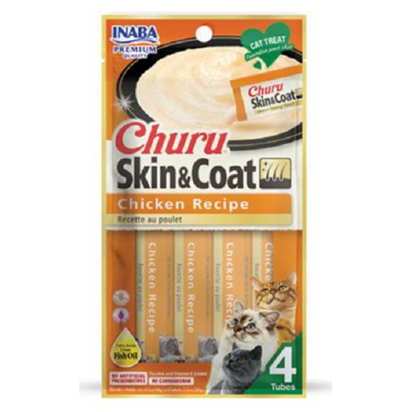 Maškrta pre mačky Inaba Churu Skin & Coat cat Kura 4tuby 56g
