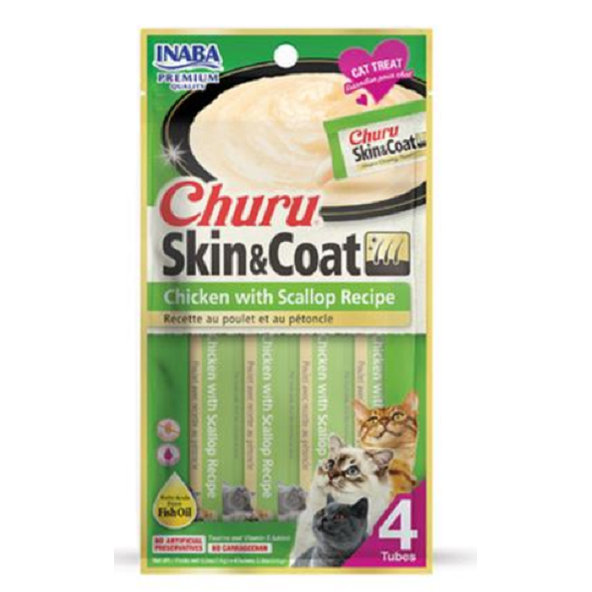 Maškrta pre mačky Inaba Churu Skin & Coat cat Kura s hrebenatkou 4tuby, 56g
