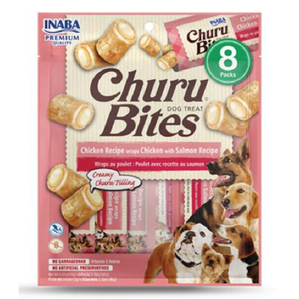 Maškrta pre psy Inaba Churu Bites dog Kura s lososom 8túb, 96g