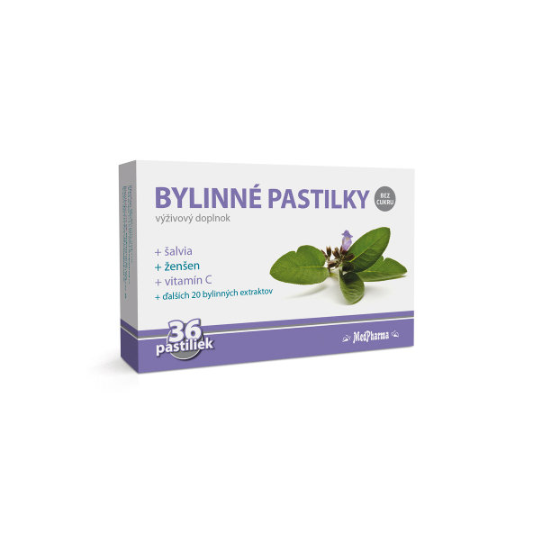 MedPharma BYLINNÉ PASTILKY bez cukru šalvia, ženšen, vitamín C 12 ks