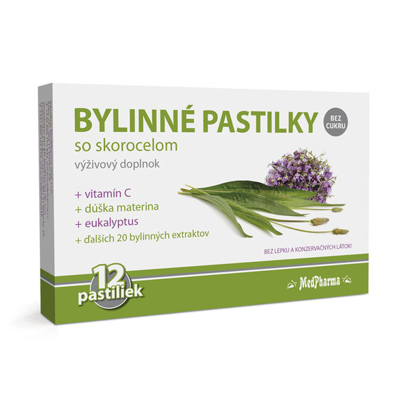 MedPharma BYLINNÉ PASTILKY bez cukru so skorocelom, materina dúška, vitamín C 12 ks