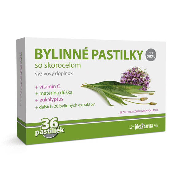 MedPharma BYLINNÉ PASTILKY bez cukru so skorocelom, materina dúška, vitamín C 36 ks