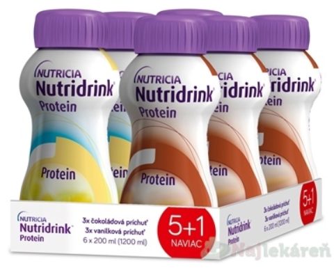 Nutridrink Protein 5+1 vanilková príchuť 3x200ml + čokoládová príchuť 3x200ml 1 set kúpite na Najlekaren.eu