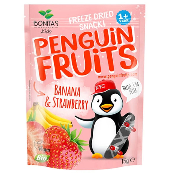PENGUIN FRUITS Banana & Strawberry BIO mrazom sušený banán a jahoda 15 g