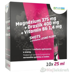 PLUS LEKÁREŇ Magnézium + Draslík + Vitamín B6 SHOTS ampuly s príchuťou lesné plody 10x25ml