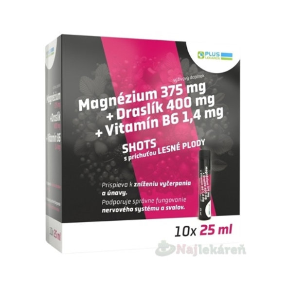 PLUS LEKÁREŇ Magnézium + Draslík + Vitamín B6 SHOTS ampuly s príchuťou lesné plody 10x25ml