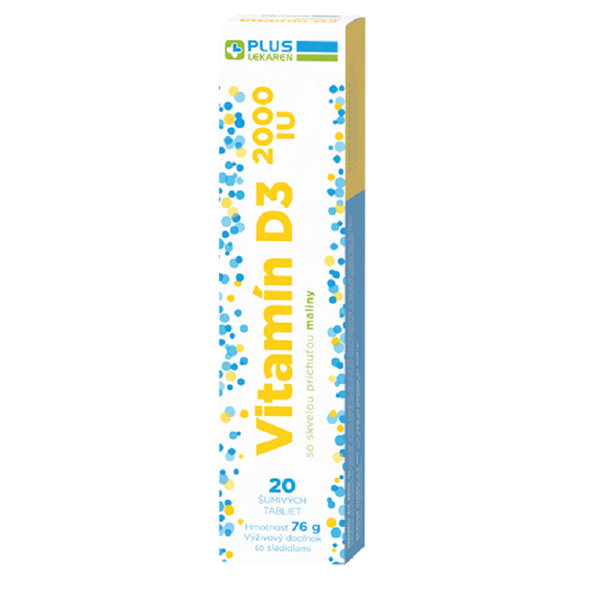 PLUS LEKÁREŇ Vitamín D3 2000 IU šumivé tablety s príchuťou maliny 20tbl