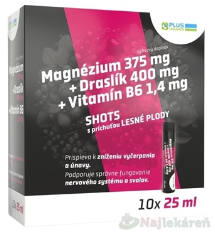 PLUS LEKÁREŇ Magnézium + Draslík + Vitamín B6 SHOTS ampuly s príchuťou lesné plody 10x25ml