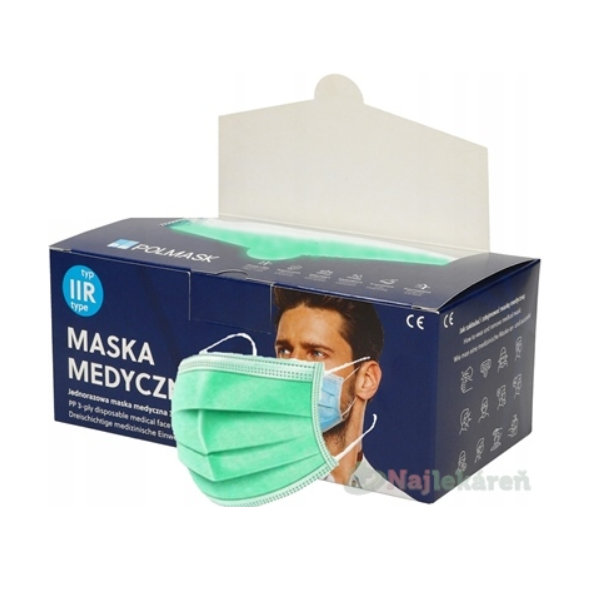 POLMASK Rúško zdravotnícke zelené nesterilné jednorazové typ IIR s gumičkami 50ks