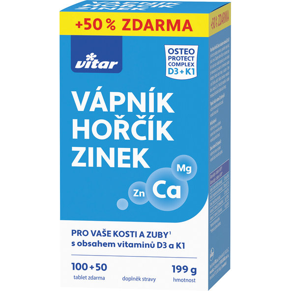 VITAR Vápnik + Horčík + Zinok + Vitamíny D3 a K1 100 + 50 tabliet zadarmo