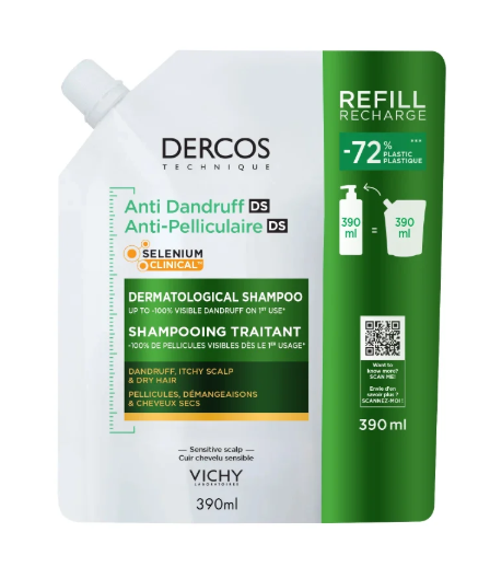 VICHY DERCOS DS šampón proti lupinám SUCHÉ vlasy náhradná náplň 390ml