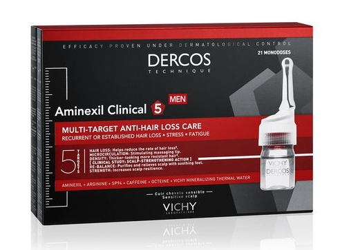 Vichy Dercos Aminexil Clinical 5 cielená starostlivosť proti vypadávaniu vlasov pre mužov Multi-Target Anti-Hair Loss Treating Care 21 x 6 ml
