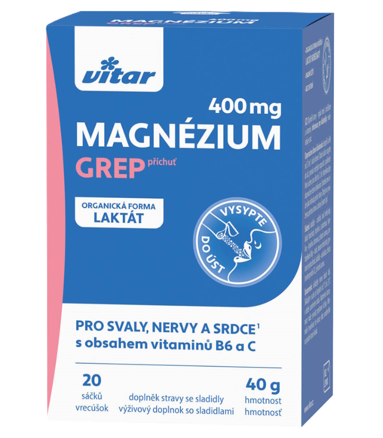 VITAR Magnézium 400 mg + vitamín B6 + vitamín C príchuť grep 20 sáčkov kúpite na Najlekaren.eu