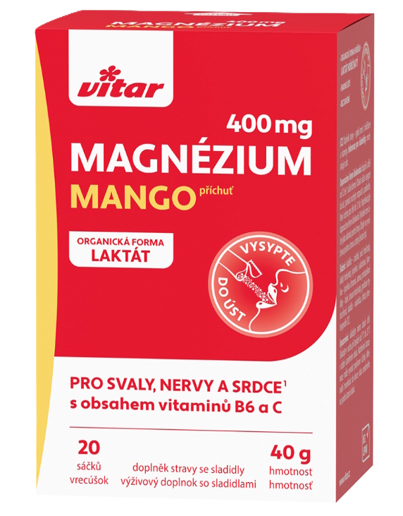 VITAR Magnézium 400 mg + vitamín B6 + vitamín C s príchuťou mango 20 sáčkov kúpite na Najlekaren.eu