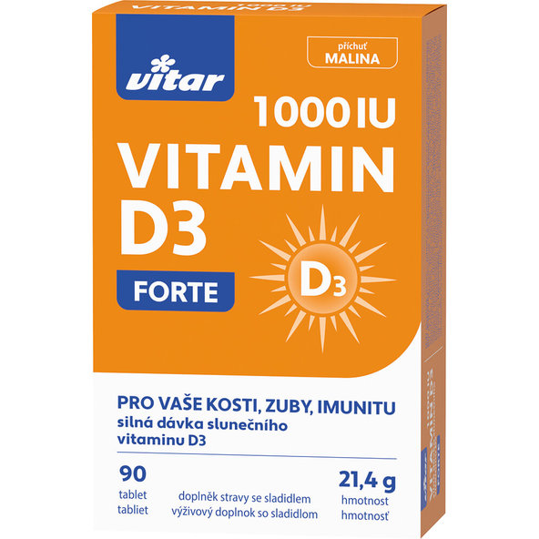 VITAR Vitamin D3 Forte 1 000 IU s príchuťou maliny 90 tabliet