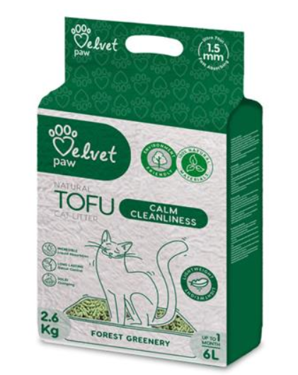 Velvet Paw Tofu podstielka pre mačky, upokojujúca čistota s esenciou lesnej zelene 6 L