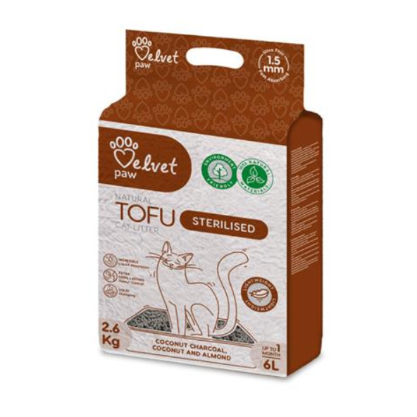 Velvet Paw Tofu s kokosovým uhlím, kokosovou a mandľovou esenciou, podstielka pre sterilizované mačky 6 L