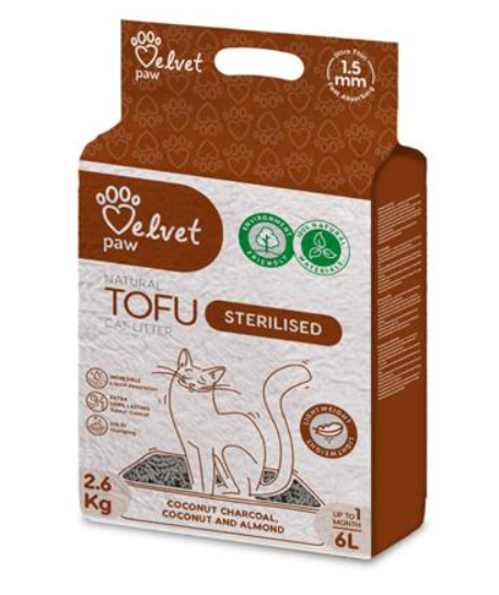Velvet Paw Tofu s kokosovým uhlím, kokosovou a mandľovou esenciou, podstielka pre sterilizované mačky 6 L