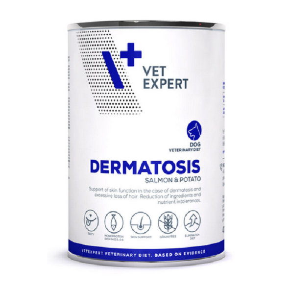 VetExpert VD dog 4T Dermatosis Salmon & Potatio diétne krmivo v konzerve pre psy 400g