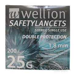 Wellion SAFETYLANCETS 25G - LANCETA bezpečnostná sterilná, jednorazová 200ks
