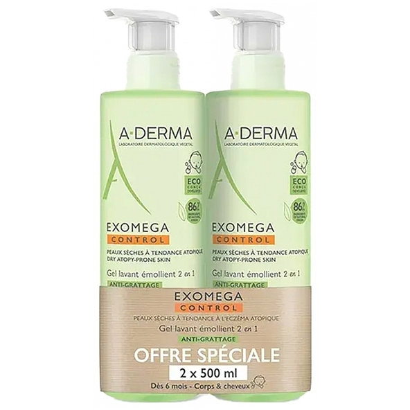 A-DERMA EXOMEGA CONTROL zvláčňujúci umývací gél 2v1 2x500ml