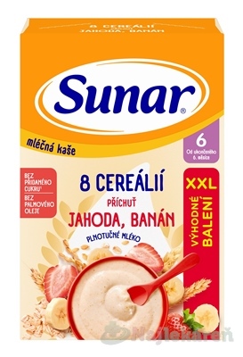 SUNAR mliečna KAŠA 8 CEREÁLIÍ jahoda, banán XXL balenie 6m+ 340 g