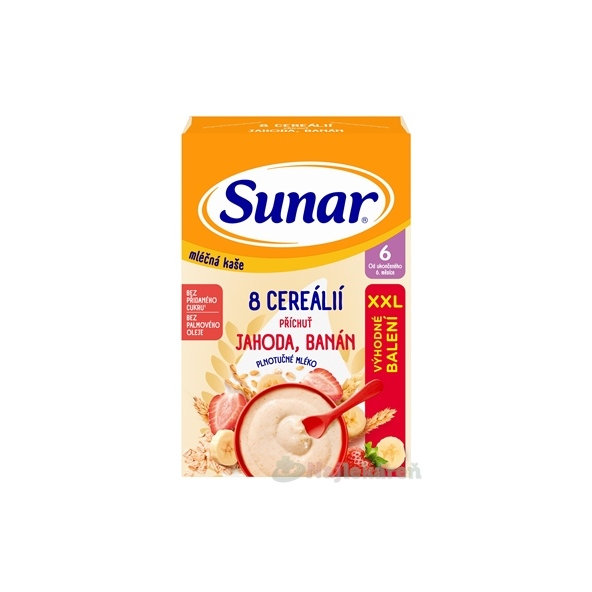 SUNAR mliečna KAŠA 8 CEREÁLIÍ jahoda, banán XXL balenie 6m+ 340 g