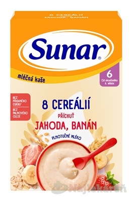 SUNAR mliečna KAŠA 8 CEREÁLIÍ jahoda, banán 6m+ 210g